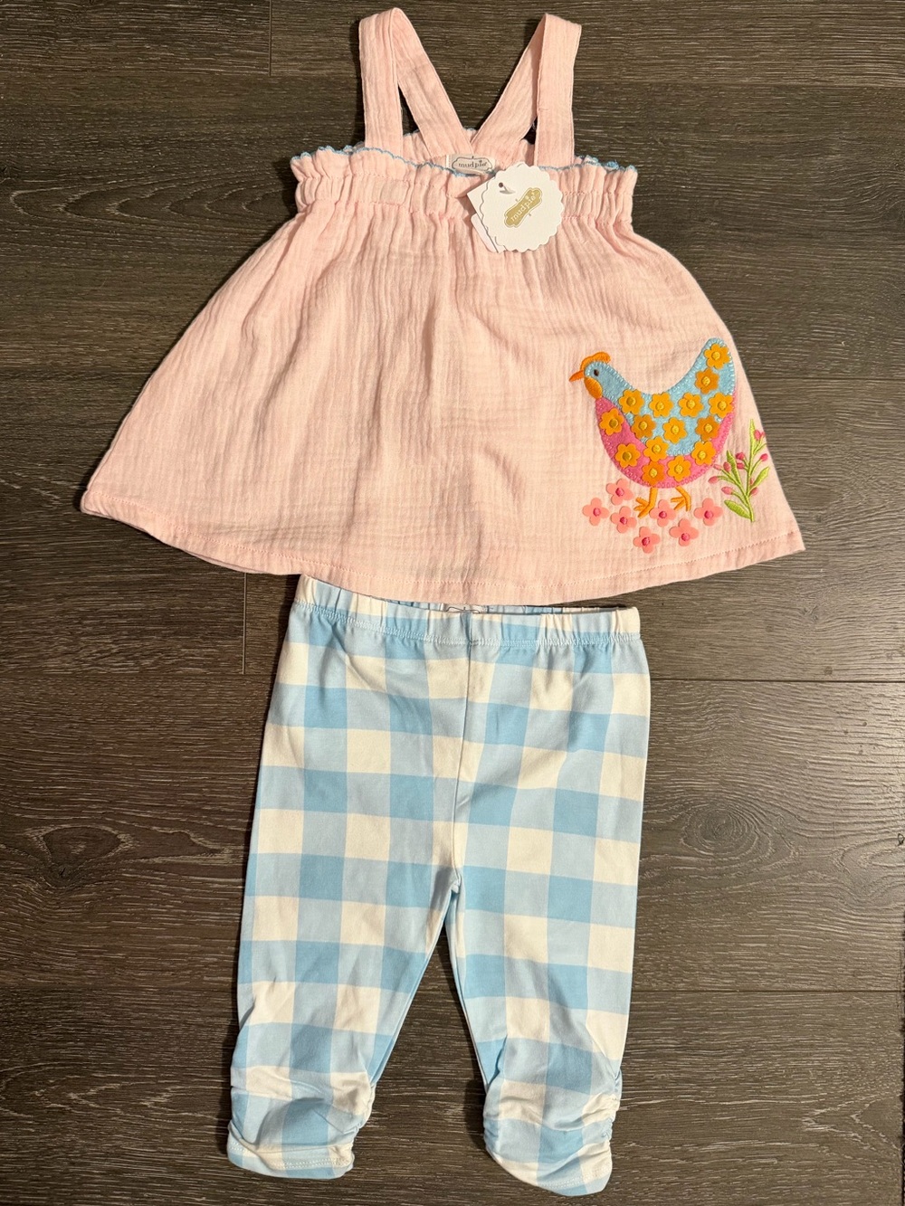 Mud Pie Light Pink Top with matching Blue Gingham Pants
